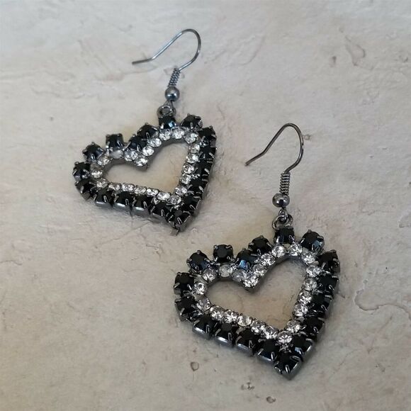 Open Heart Gunmetal Grey Black and Clear Austrian Crystal Dangle Earrings - Picture 4 of 6